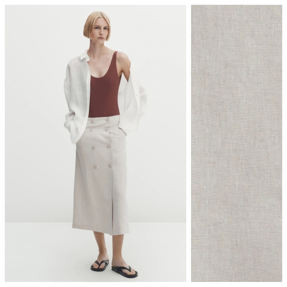 NWT. Massimo Dutti Cream Linen Blend Double-Buttoned Midi Skirt. Size L.